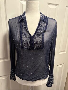 Embellished Sheer Navy Beaded Long-Sleeve Blouse